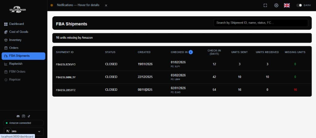 SellerBunker inventory and shipment dashboard showing missing units
